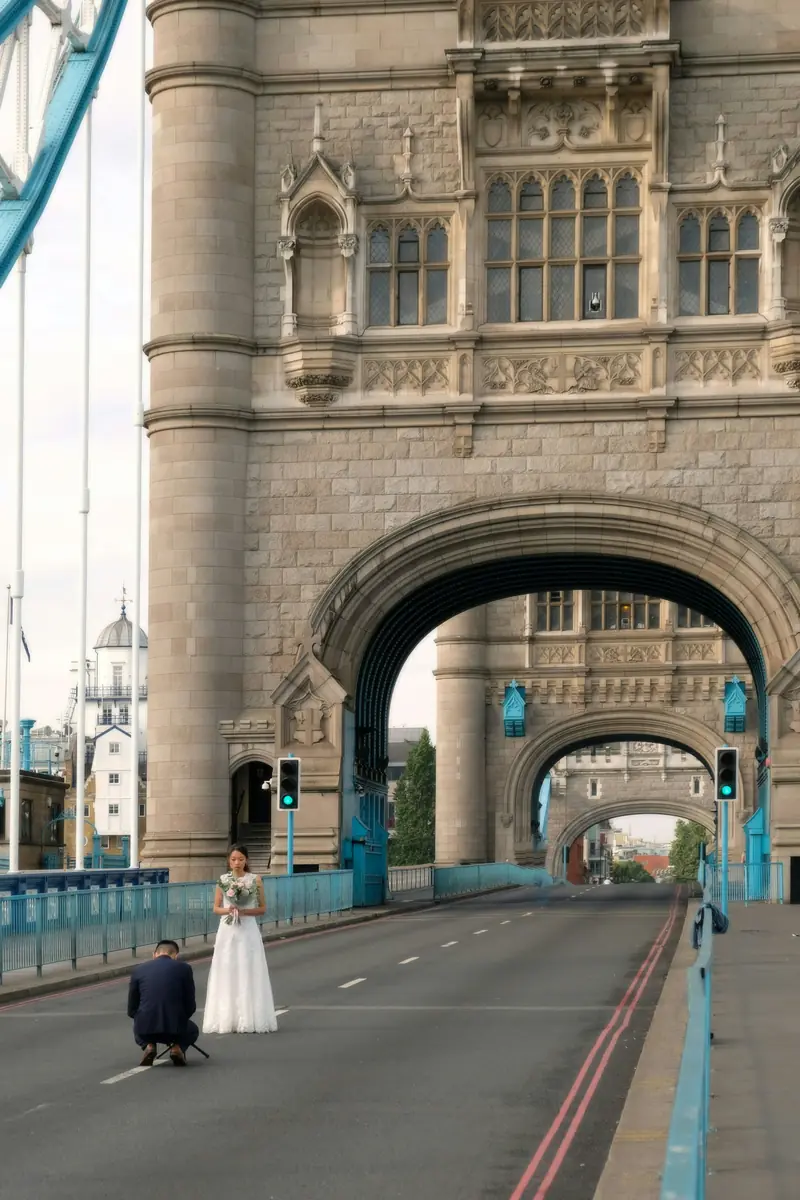 A bride being photographed beneath the arches of Tower Bridge in London